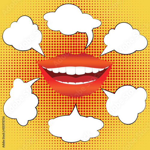 Pop art style smiling woman mouth with different blank speech bubbles