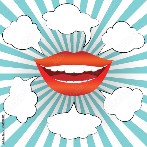 Pop art style smiling woman mouth with different blank speech bubbles