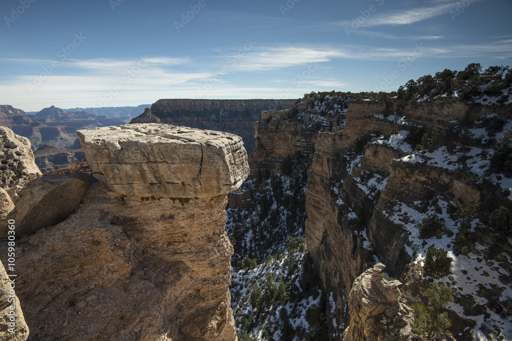 A view of the Grand Canyon from the South Rim with snow at the elevations close to the rim