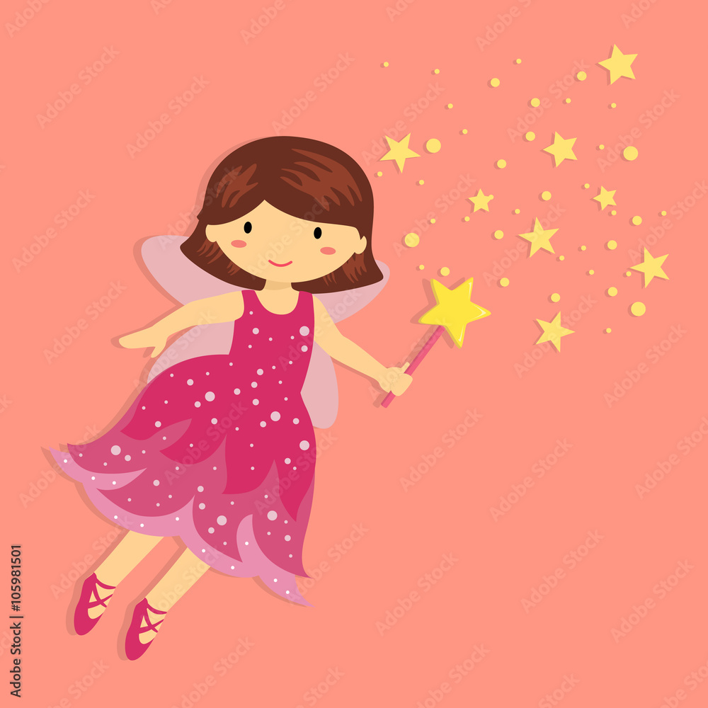 Illustration of Cute Little Pink Fairy with Wand and Stardust Flying in Pink Background. Illustration of Cute Little Pink Fairy with Wand and Stardust Flying in Pink Background.