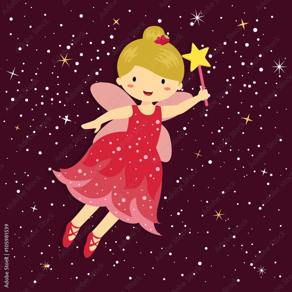 Illustration of Cute Little Red Fairy with Wand and Stardust Flying in Star Maroon Purple Background. Illustration of Cute Little Red Fairy with Wand and Stardust Flying in Star Maroon Purple Background.
