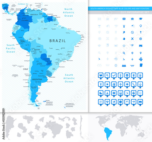 South America Detailed Map Blue Colors And Map Pointers Collecti