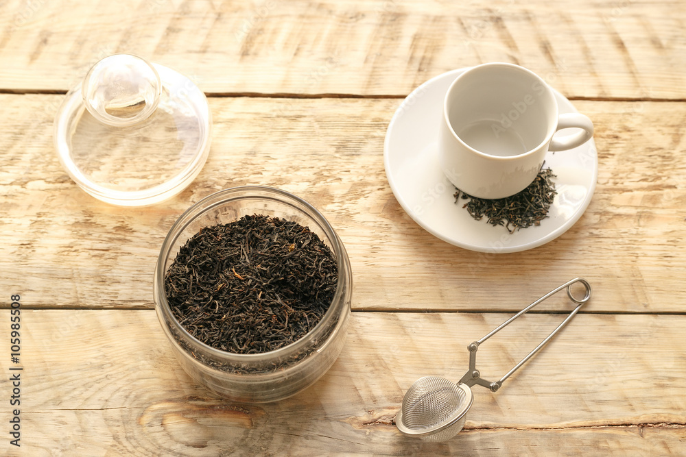 Tea set on the wooden background top view Tea set on the wooden background top view