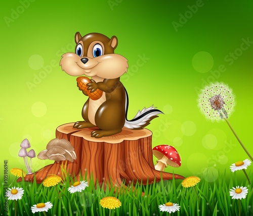 Happy little chipmunk holding nut on Beautiful grass background