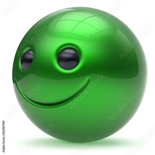 Smiling face green head ball cheerful sphere emoticon cartoon smiley happy decoration cute. Smile funny joyful person laughing joy character toy good avatar. 3d render isolated