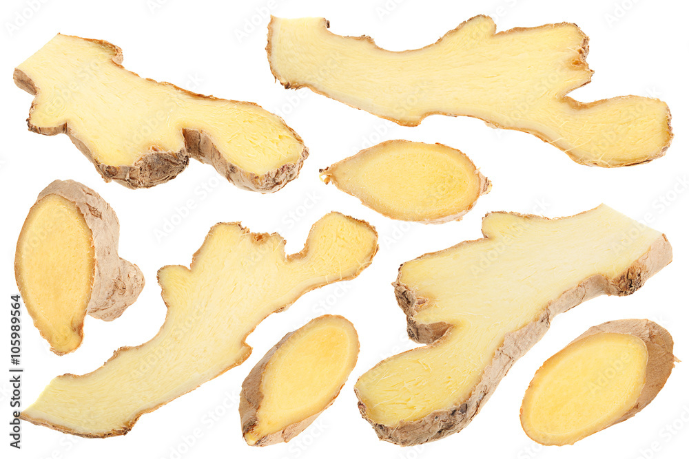 Naklejka premium Ginger spice root slice set