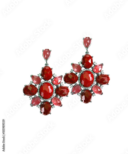 Ruby Red dangle drop gemstone earrings isolated on white