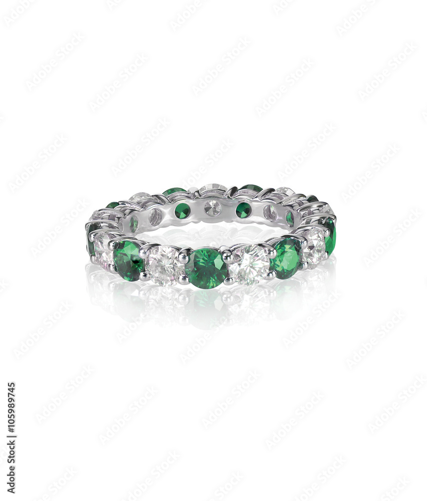 green emerald and diamond wedding band ring isolated on white green emerald and diamond wedding band ring isolated on white