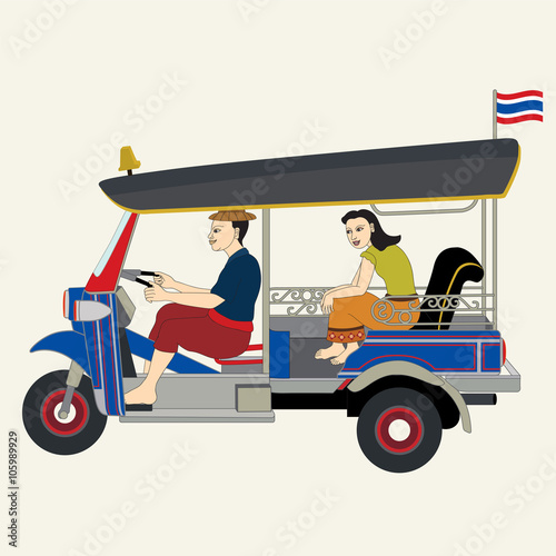 Three wheels car, tuk tuk, Thai taxi, Bangkok Thailand - vector illustration