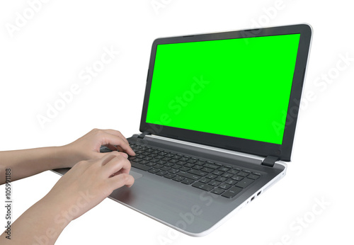 girl hands working on the laptop  isolated on white with clippin