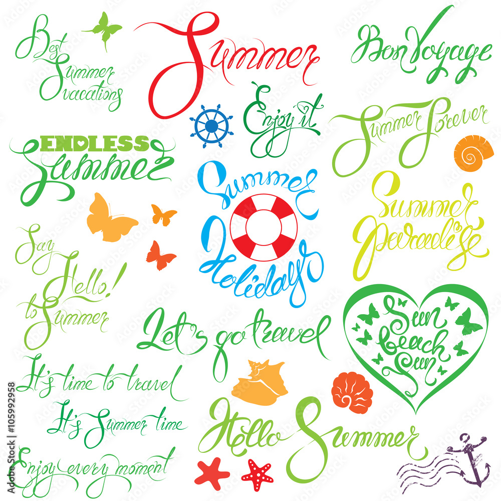 Set of handwritten text: Endless Summer, enjoy it, let`s go trav Set of handwritten text: Endless Summer, enjoy it, let`s go trav