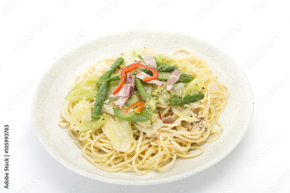 食 パスタ アスパラ ベーコン きゃべつ 白バック 食 パスタ アスパラ ベーコン きゃべつ 白バック