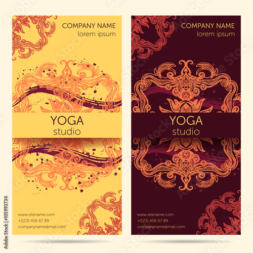 Design template for yoga studio with mandala ornament background. Brochure, card, invitation, flyer, banner. Design concept for yoga center, beauty salon, spa, cosmetics. Colorful vector illustration