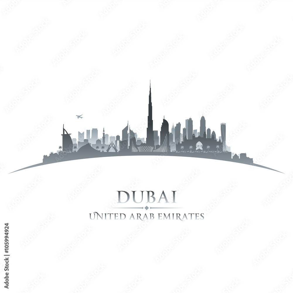 Naklejka premium Dubai UAE city skyline silhouette white background