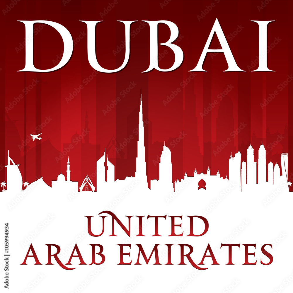 Fototapeta premium Dubai UAE city skyline silhouette red background