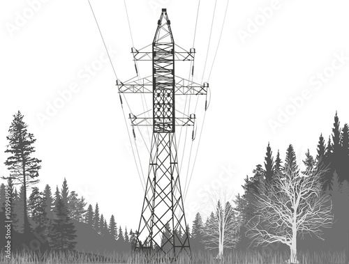 large electric pylon in grey forest