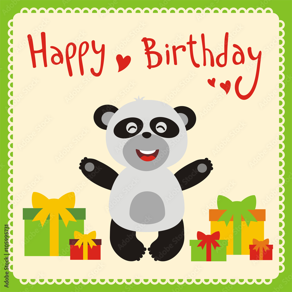 Happy birthday! Funny little panda bear with birthday gifts, handwritten  text. Happy birthday card. Cartoon panda bear. Stock Vector | Adobe Stock