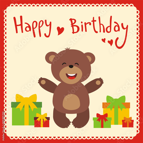 Happy birthday! Funny little bear with birthday gifts, handwritten text. Happy birthday card. Cartoon bear. © coolpay