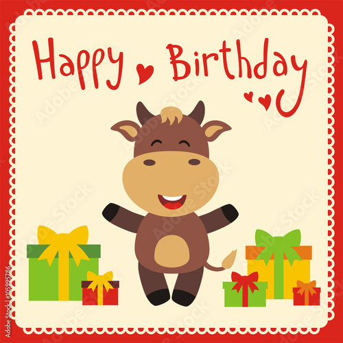 Happy birthday! Funny little cow with birthday gifts, handwritten text. Happy birthday card. Cartoon cow.