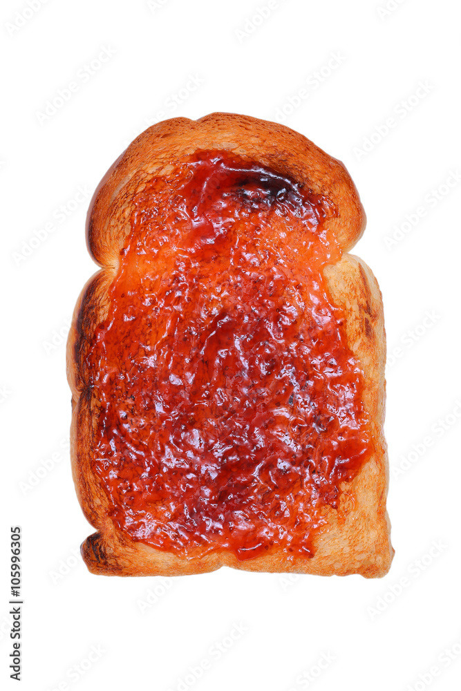 Strawberry jam on toasted bread isolated on white