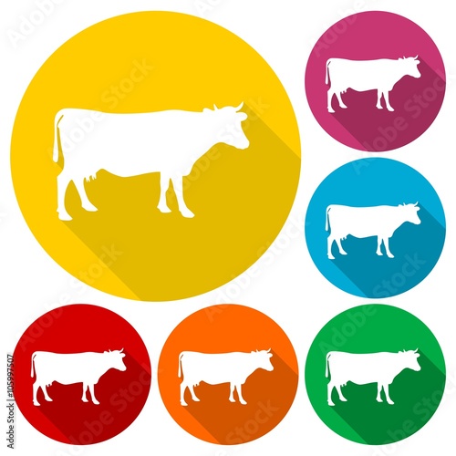 Cow silhouette icons set with long shadow
