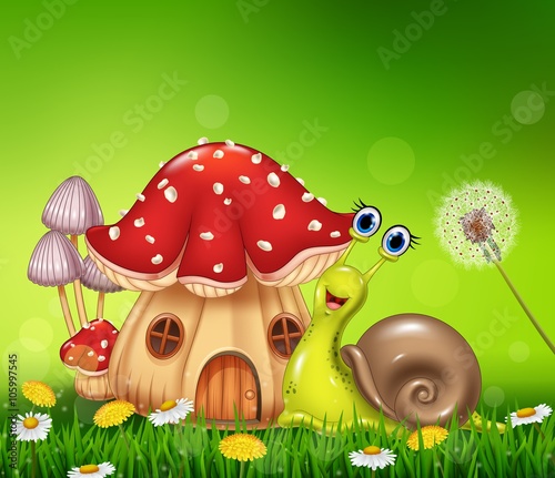 Happy snail with beautiful mushroom house 