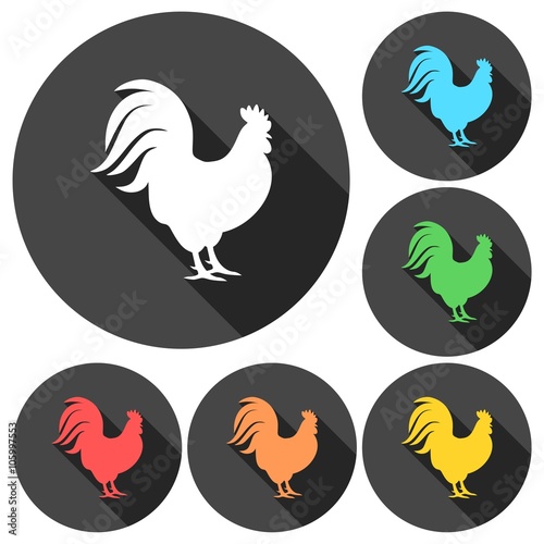 Rooster silhouette icons set with long shadow