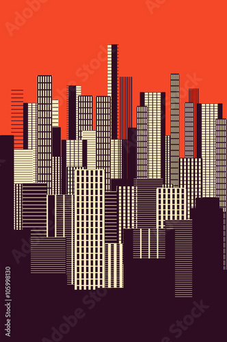 a three colors graphical abstract urban landscape poster in orange, and brown