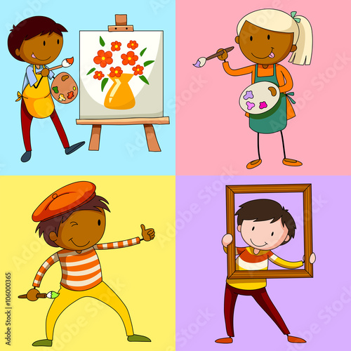 Four artists painting picture