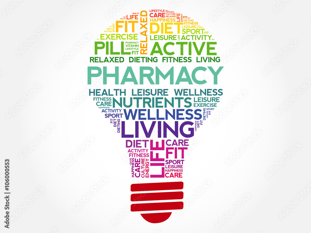 Pharmacy bulb word cloud, health concept background Pharmacy bulb word cloud, health concept background