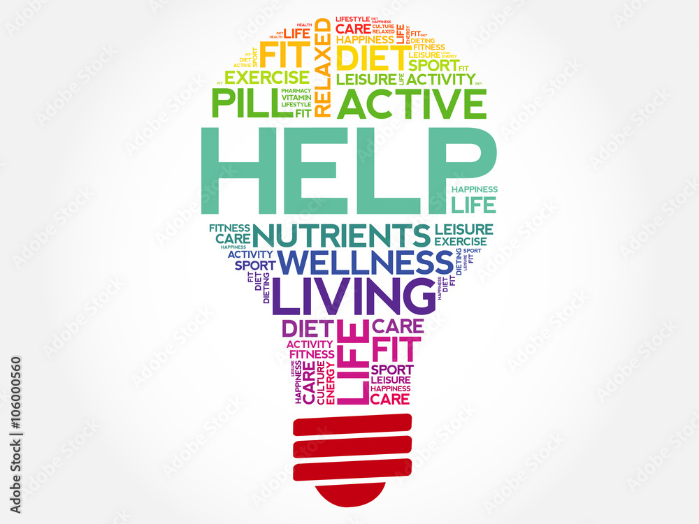 HELP bulb word cloud, health concept background HELP bulb word cloud, health concept background