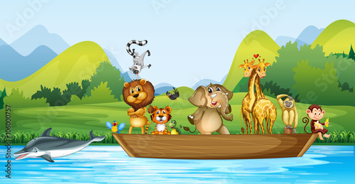 Fototapeta Naklejka Na Ścianę i Meble -  Wild animals on the wooden boat