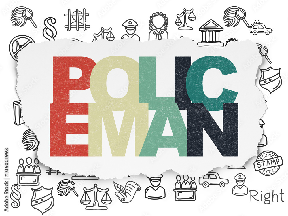 Law concept: Policeman on Torn Paper background