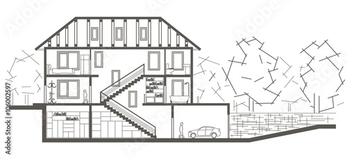Architectural linear sketch tree level house. Sectional drawing