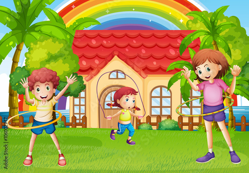 Children exercising in front of the house