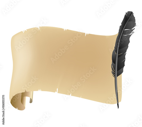 Ancient and old scroll and black feather background on white