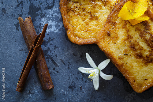 Traditional Spanish torrijas (French toasts). Dessert of Holy Week photo