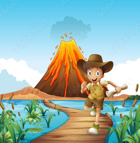Boy running on the bridge with volcano background