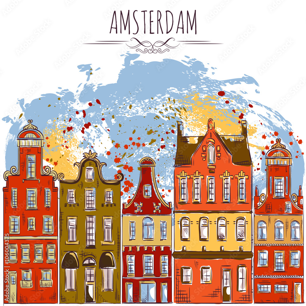 Amsterdam. Old historic buildings and canal. Traditional architecture of Netherlands. Colorful hand drawn grunge style art. Vintage vector illustration. Banner, card, scrap booking, print, poster Amsterdam. Old historic buildings and canal. Traditional architecture of Netherlands. Colorful hand drawn grunge style art. Vintage vector illustration. Banner, card, scrap booking, print, poster