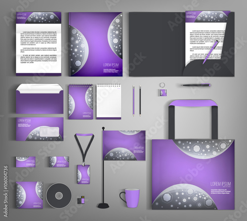 Purple corporate identity set with gray abstract background.