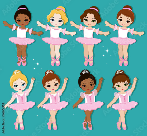 Vector illustration of cute little ballerinas.  Ballet Slippers. Clip art cute characters, pink tutus, ballet shoes.