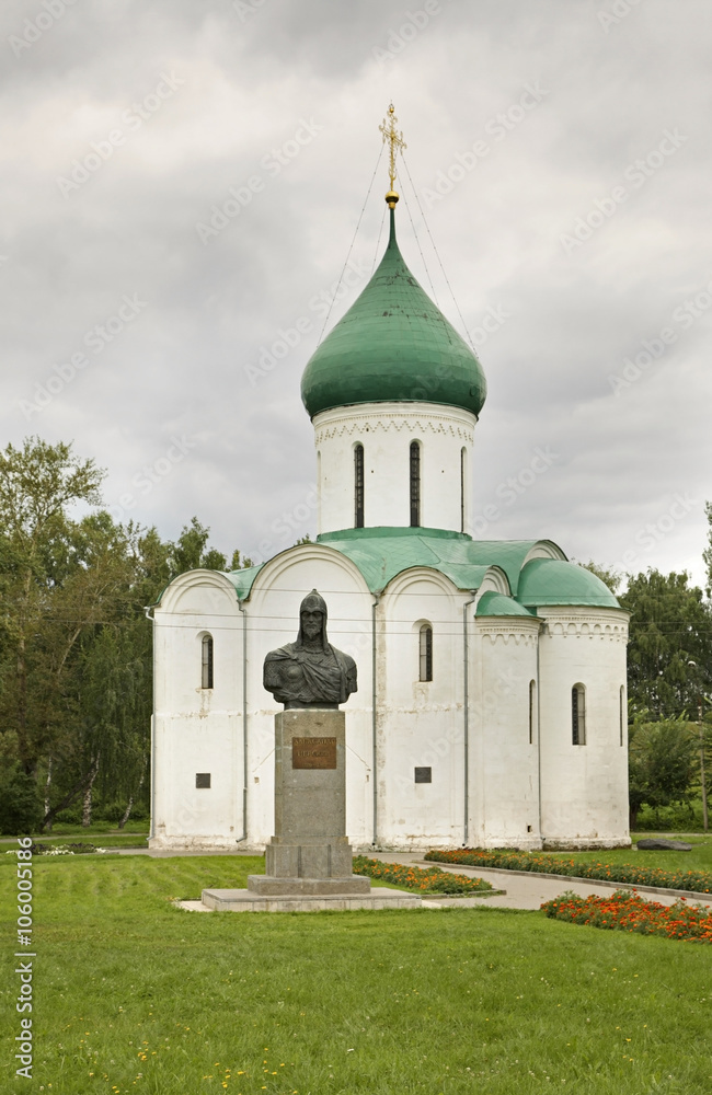 Transfiguration Cathedral and monument to Alexander Nevsky in Pereslavl-Zalessky. Yaroslavl Oblast. Russia