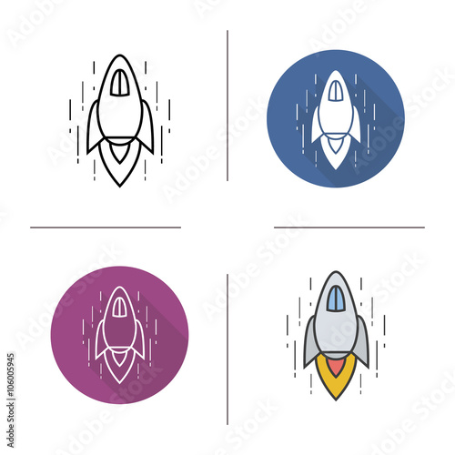 Spaceship flat design, linear and color icons set