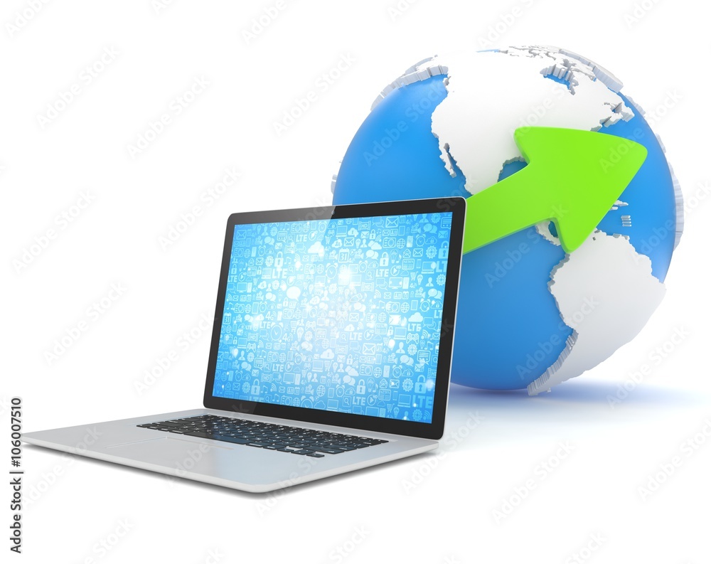 Laptop network and earth globe. 3d render Laptop network and earth globe. 3d render
