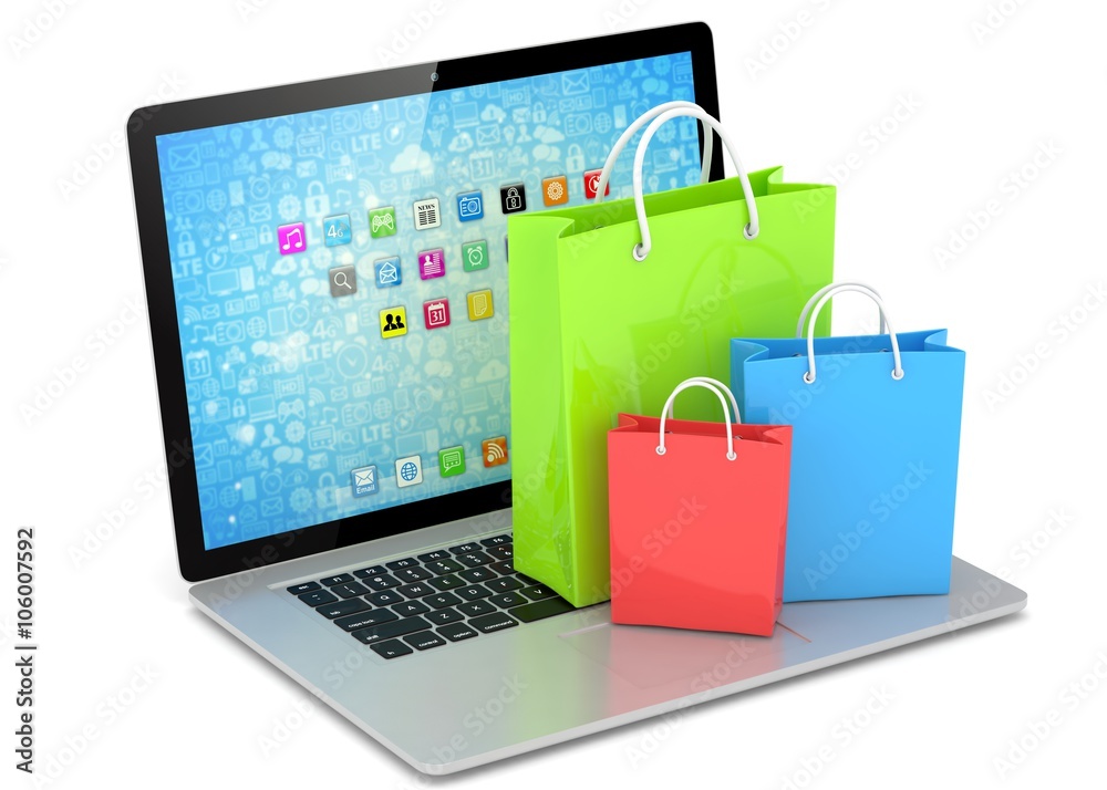 laptop and  shopping pags on white background