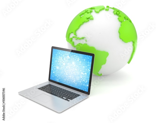 Laptop network and earth globe. 3d render
