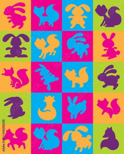 Illustration of twenty colorful logos of animals