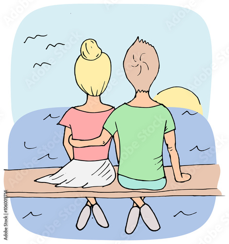 Lovely couple sitting on a bench by the sea