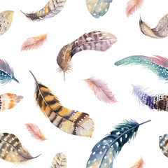 Papier peint photo Plumes aquarelles patrons Plumes répétées fond aquarelle doux  © kris_art