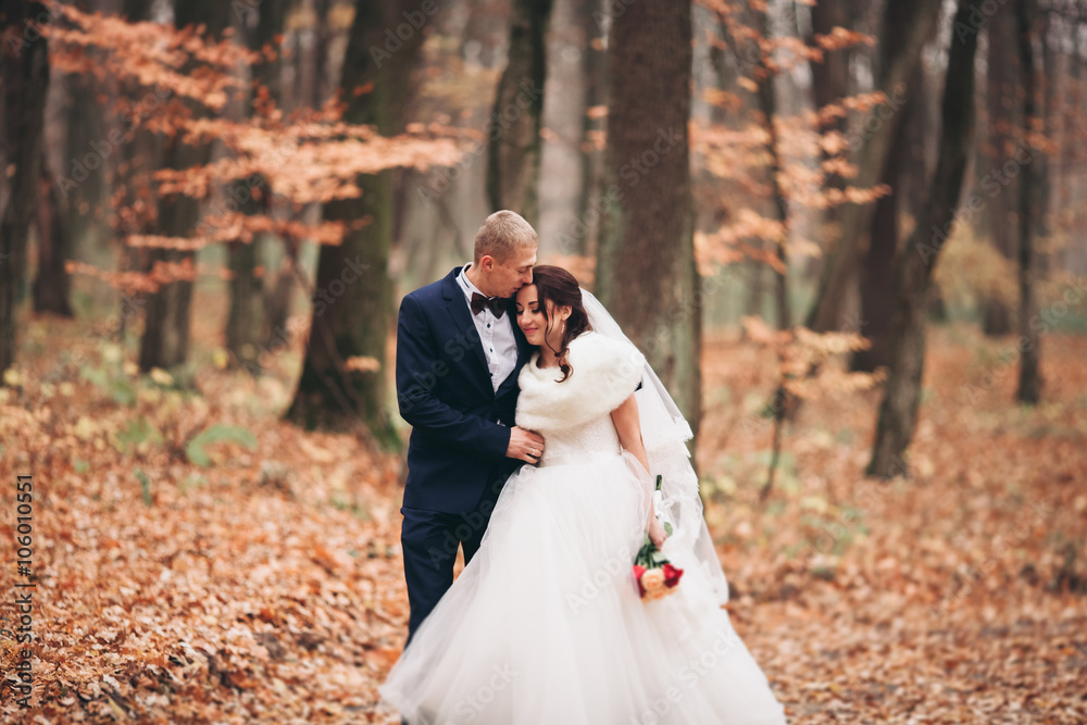 Happy wedding couple, bride and groom posing in park autumn Happy wedding couple, bride and groom posing in park autumn
